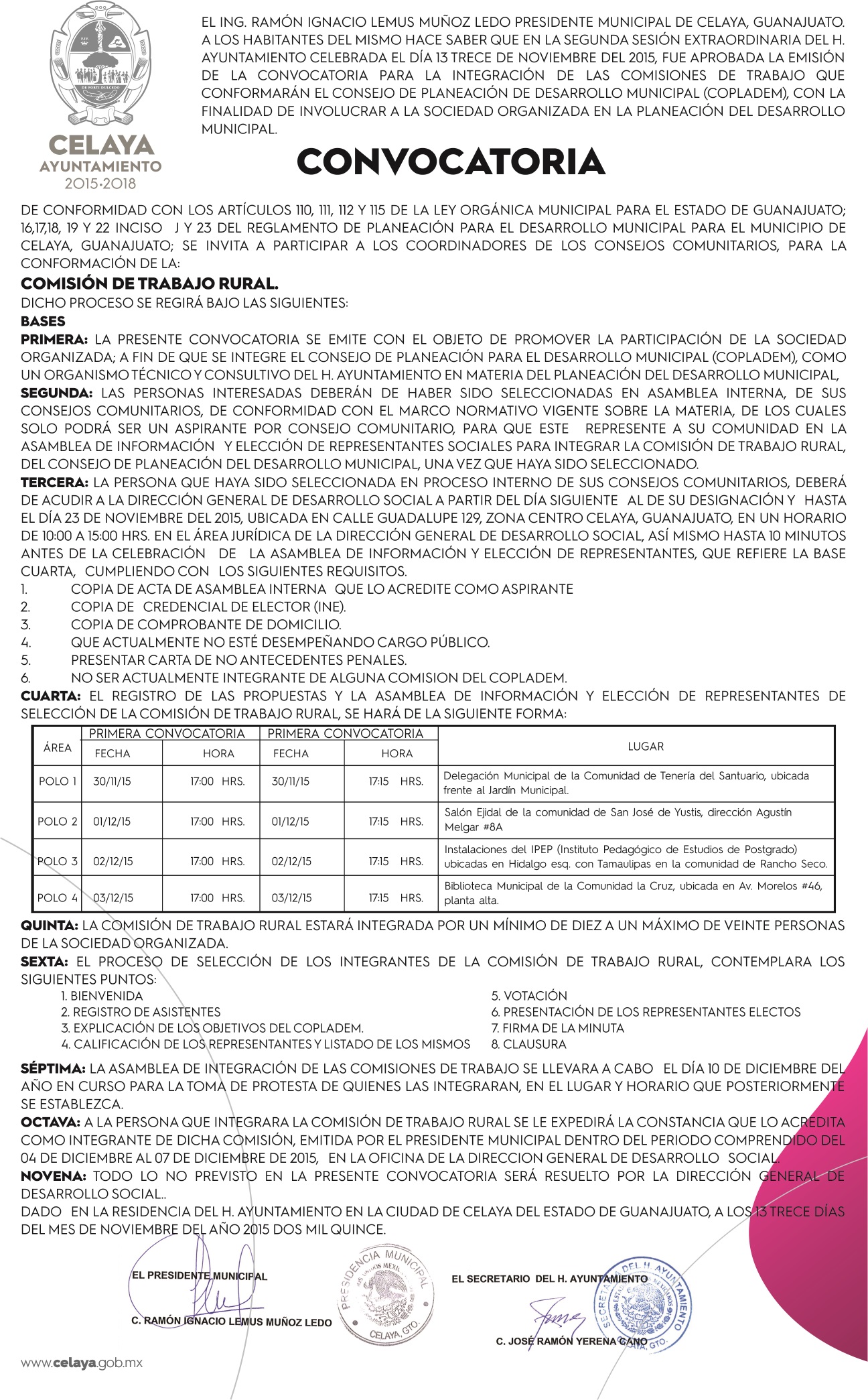 Convocatoria para la integración de las comisiones de trabajo que integrarán el Consejo de Planeación del Desarrollo Municipal (COPLADEM) Rural